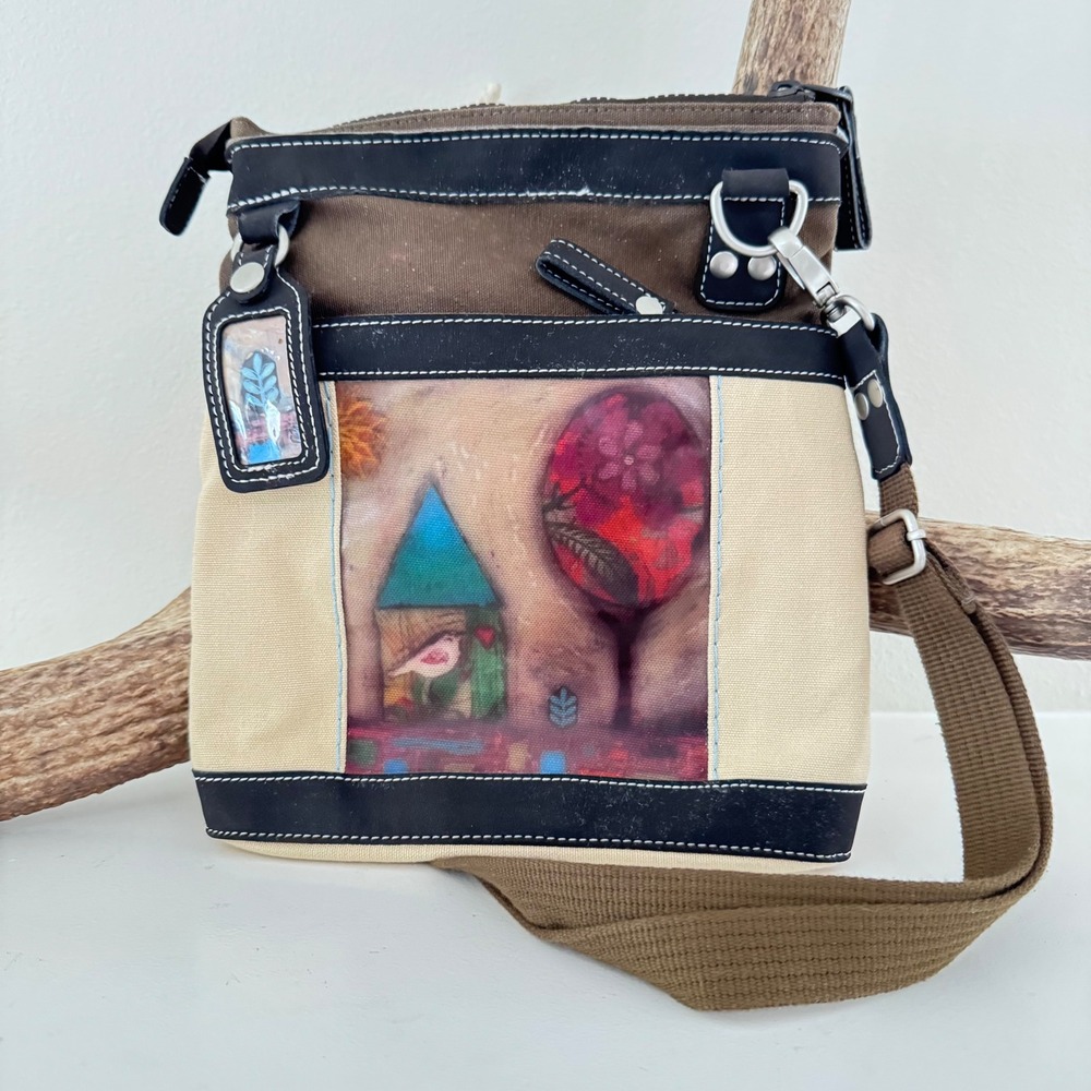 Sherpani Canvas Crossbody Bag Bird Graphic Art Tan Brown Adjustable Strap